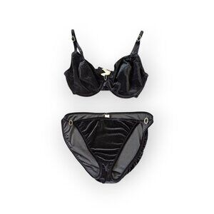Vintage 90s Y2K Black Velvet Bra and Pantie  Lingerie Set String Bikini